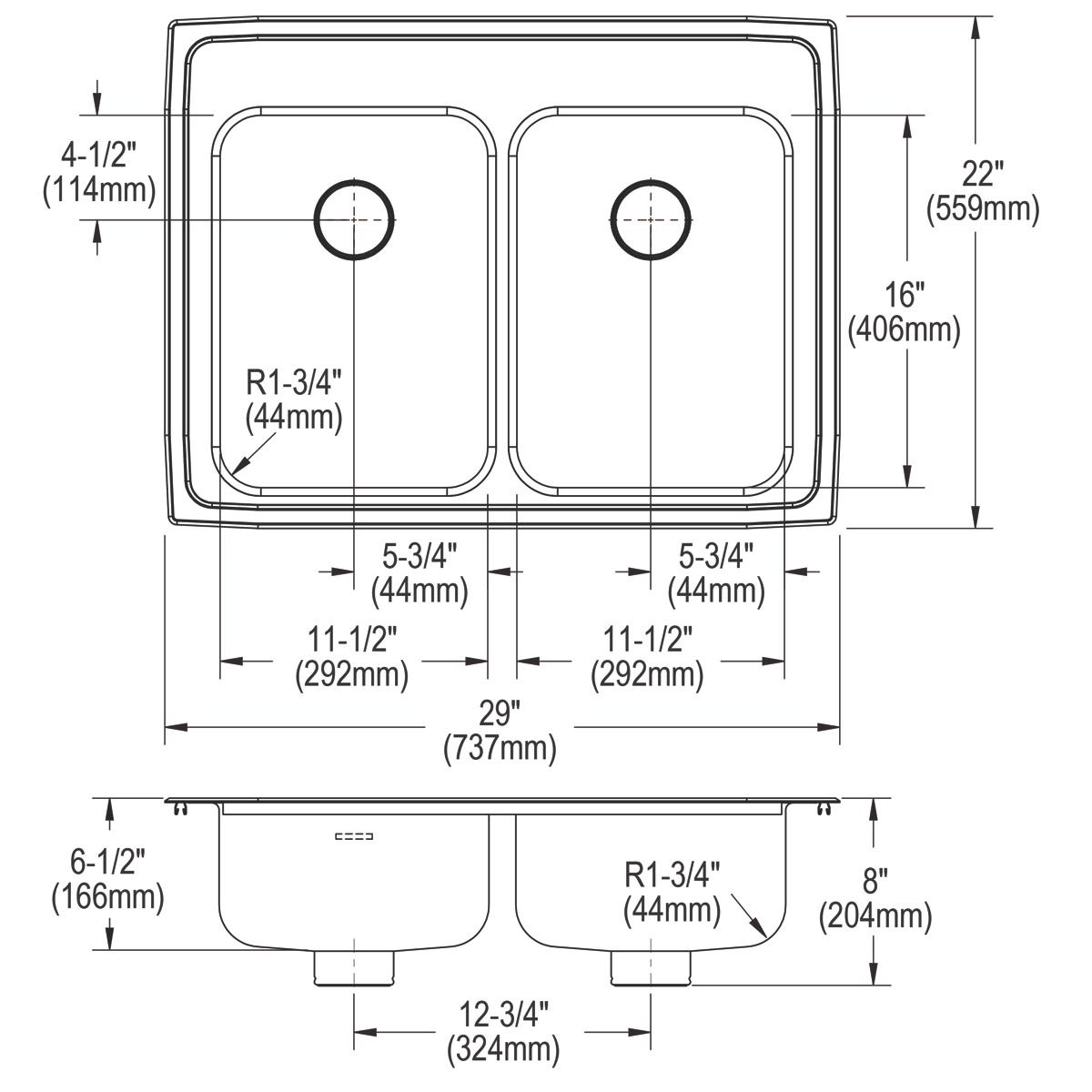 Stainless steel double bowl drop-in sink with two equal rectangular basins, drain holes, and rounded corners, shown in top an
