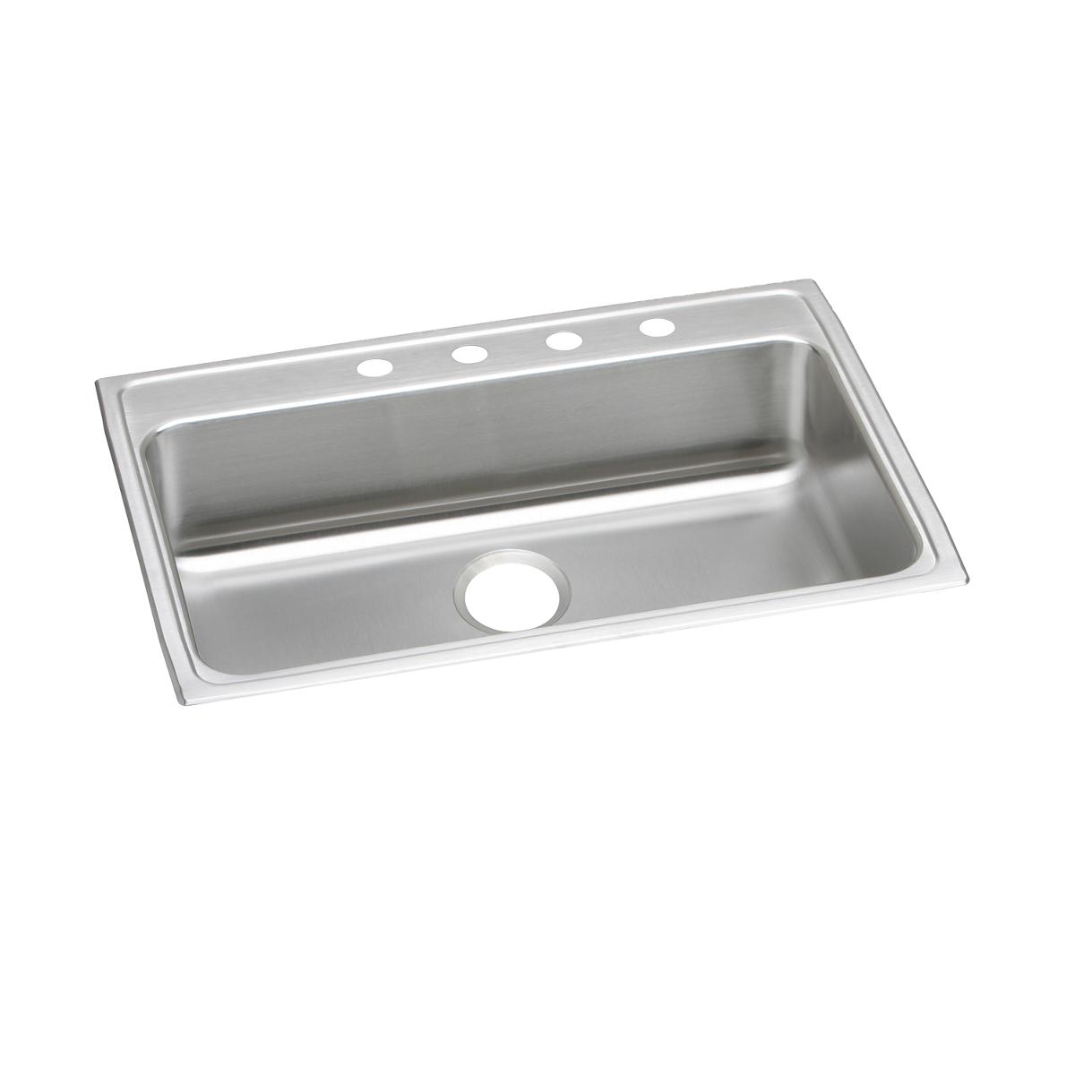 Stainless steel single bowl drop-in sink with two faucet holes across the rim.