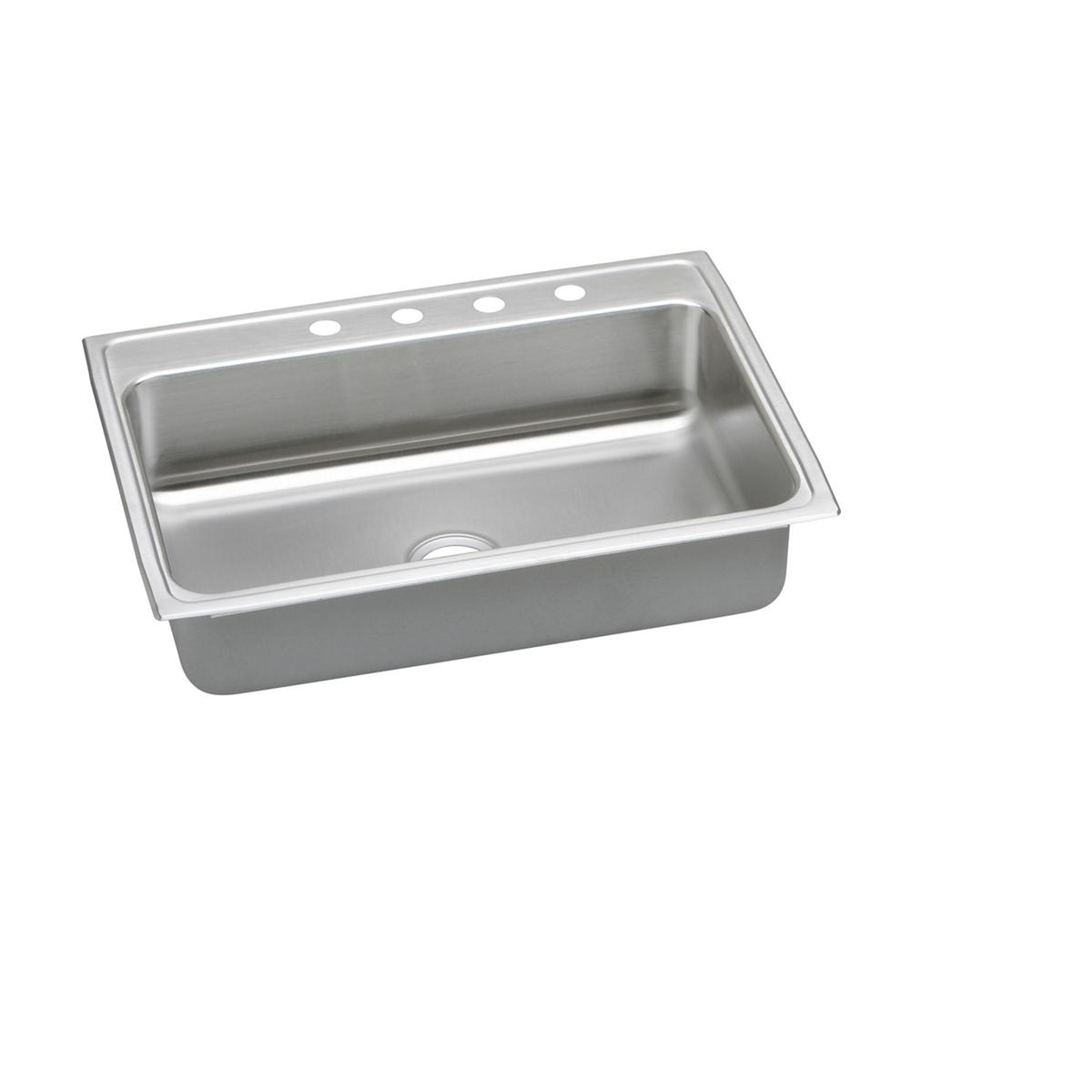 Stainless steel single bowl drop-in sink with drain, featuring a brushed finish and mounting holes along the rim.