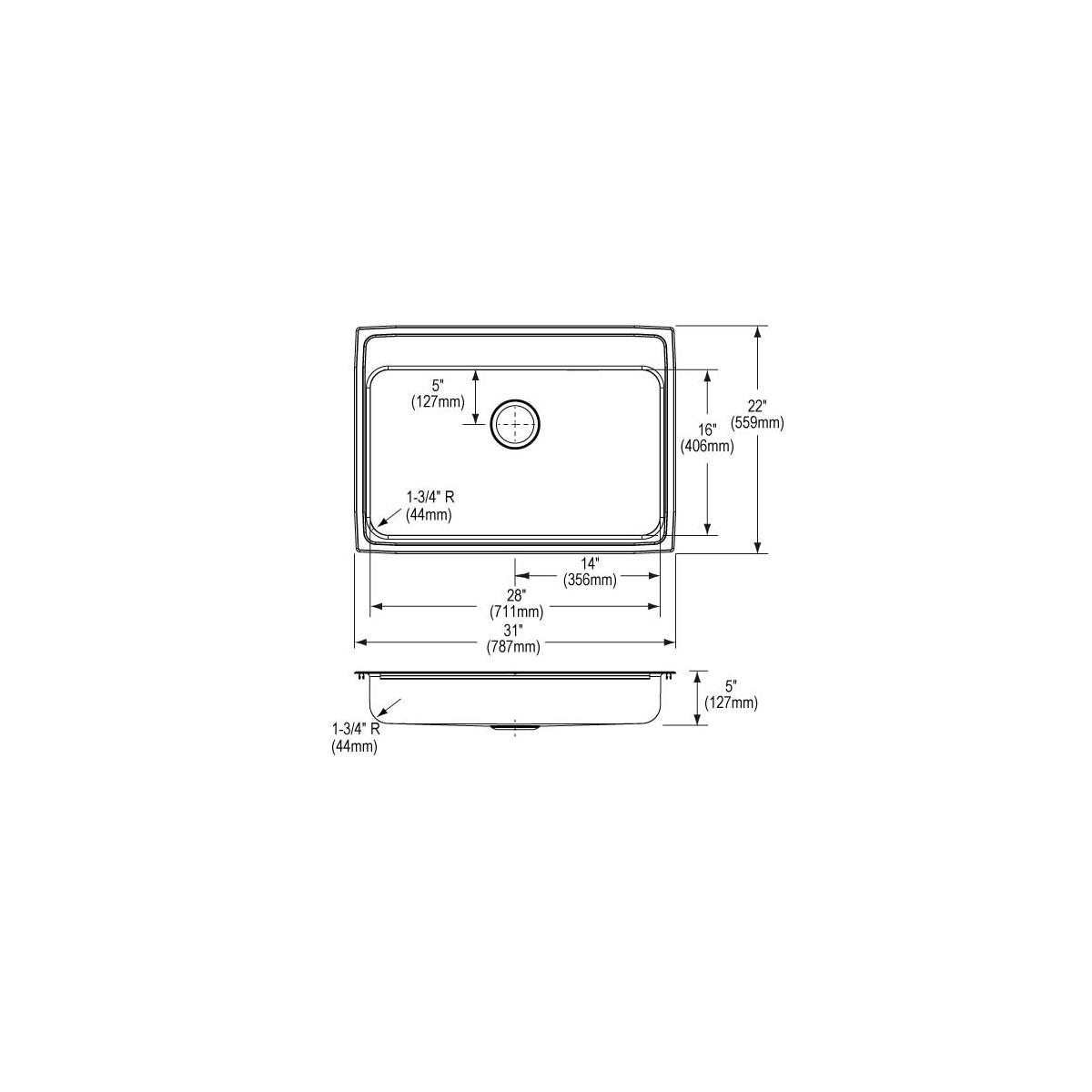 Stainless steel drop-in sink with single bowl, four mounting holes, and dimension measurements labeled.