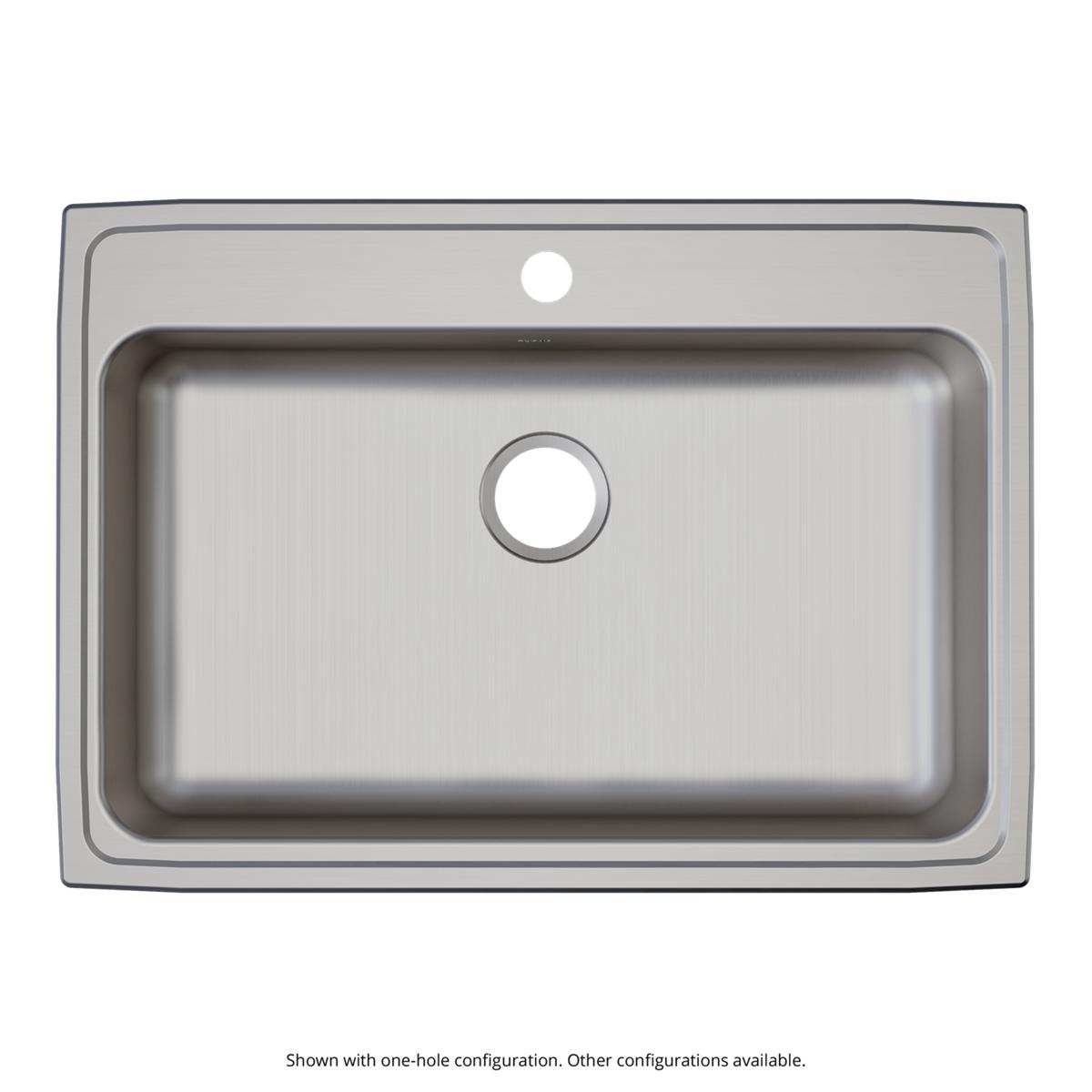 Stainless steel single bowl drop-in sink with brushed finish, shown with one faucet hole and one drain hole.