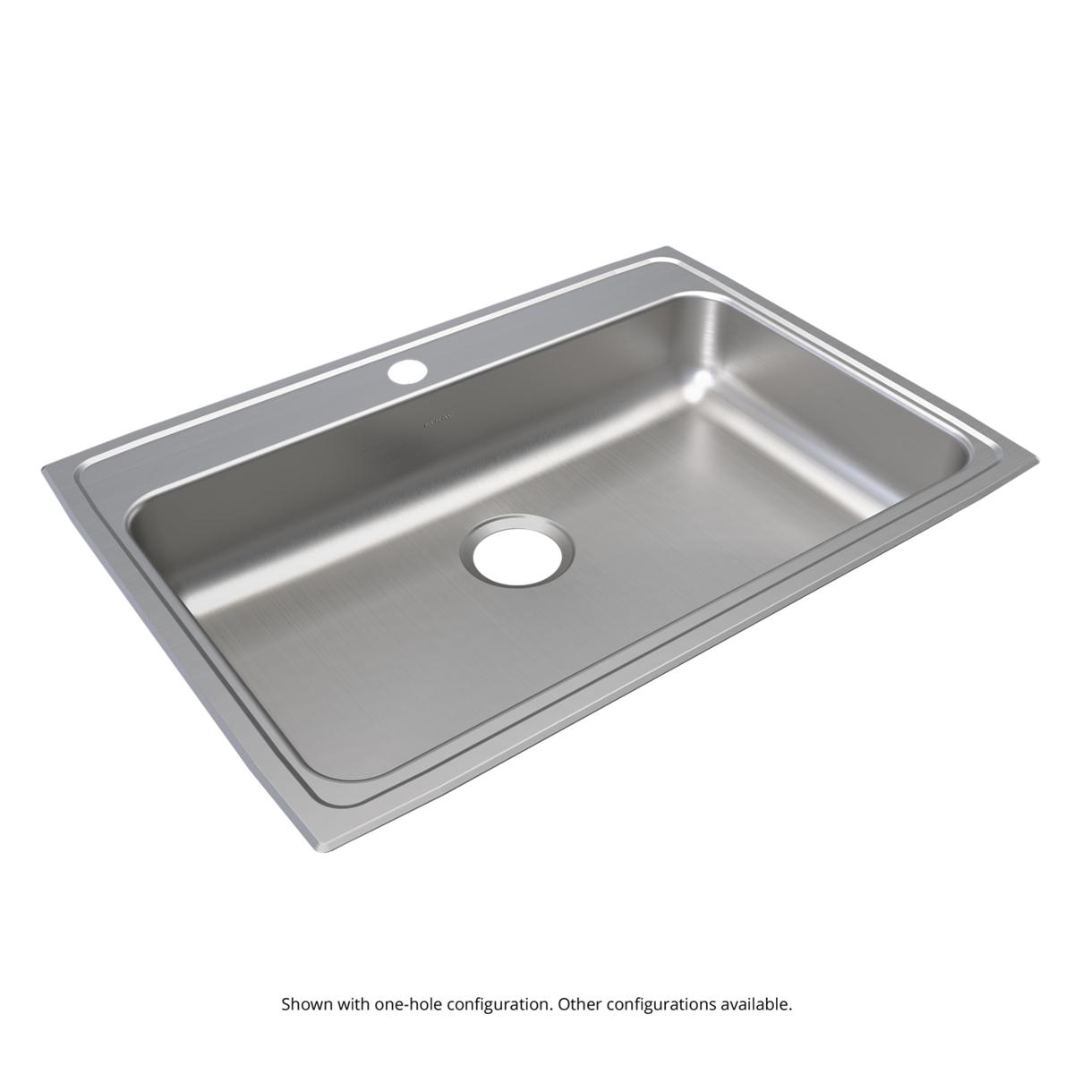 Rectangular stainless steel drop-in sink with single bowl and one faucet hole on the rim.