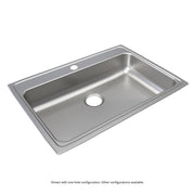 Stainless steel rectangular drop-in sink with single bowl and drain opening, brushed finish visible on basin and rim.