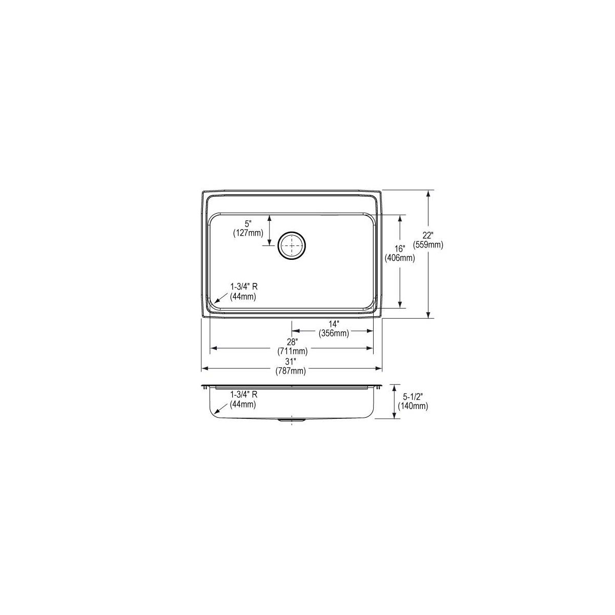Stainless steel single bowl drop-in sink with top and front views showing drain hole placement and rounded corner radius spec