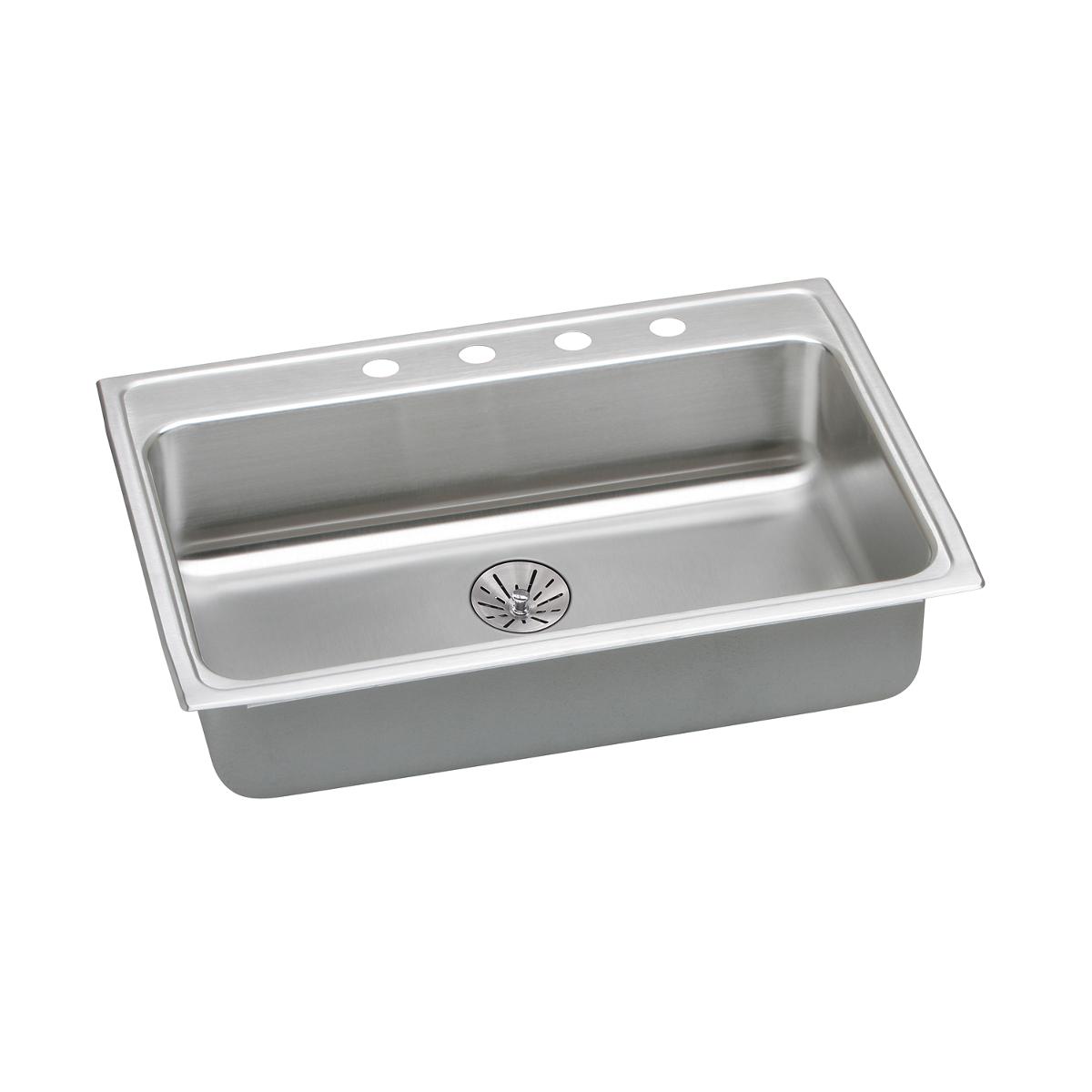 Stainless steel drop-in sink with single bowl, drain basket, and four faucet holes along the rim.