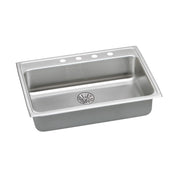Stainless steel single-bowl drop-in sink with three holes along the rim and a drain strainer visible in the basin.