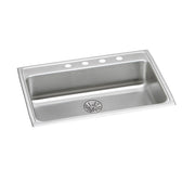 Stainless steel single bowl drop-in sink with four mounting holes and drain strainer visible.