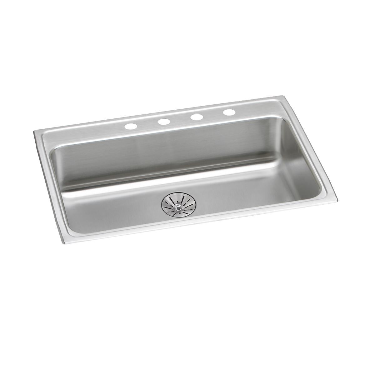 Stainless steel drop-in sink with single bowl, drain basket, and four faucet holes along the rim.