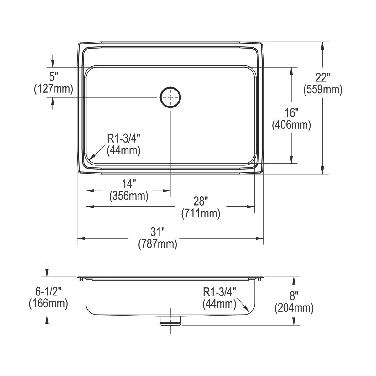 Stainless steel drop-in sink with single bowl, rounded corners, and center drain opening shown in top and side technical draw