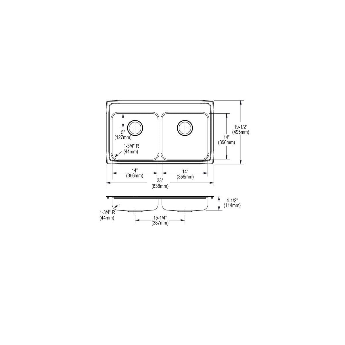 Stainless steel double bowl drop-in sink with two equal bowls, three pre-drilled holes, and detailed dimension measurements.