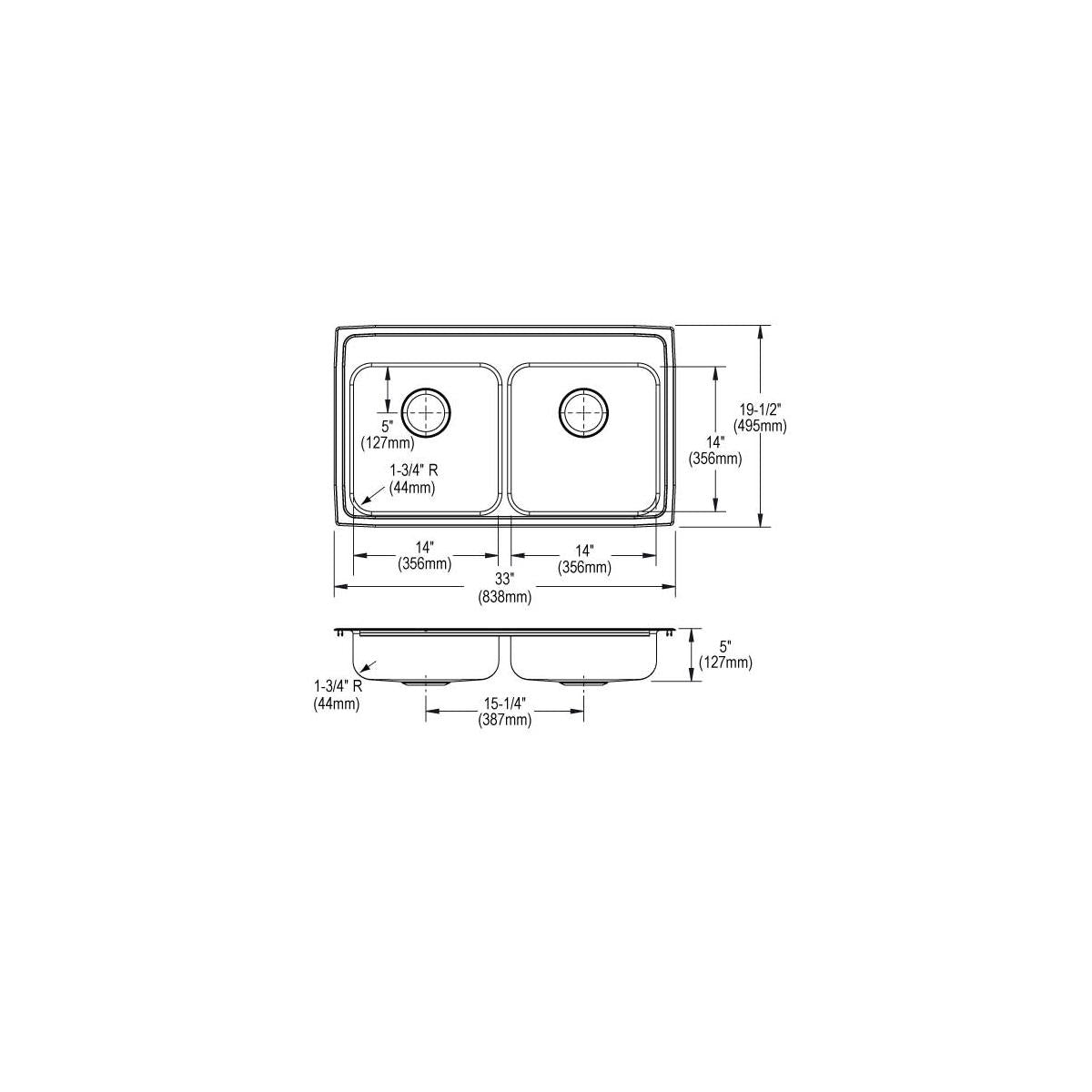 Stainless steel double bowl drop-in sink with four mounting holes, shown in top and side technical views with dimensions.