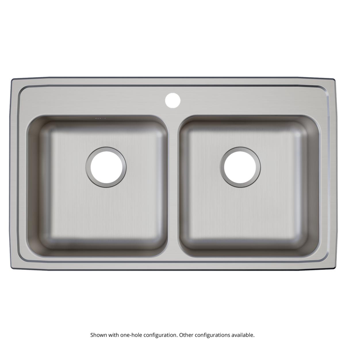 Stainless steel drop-in sink with two equal rectangular bowls and drain holes, shown from above.