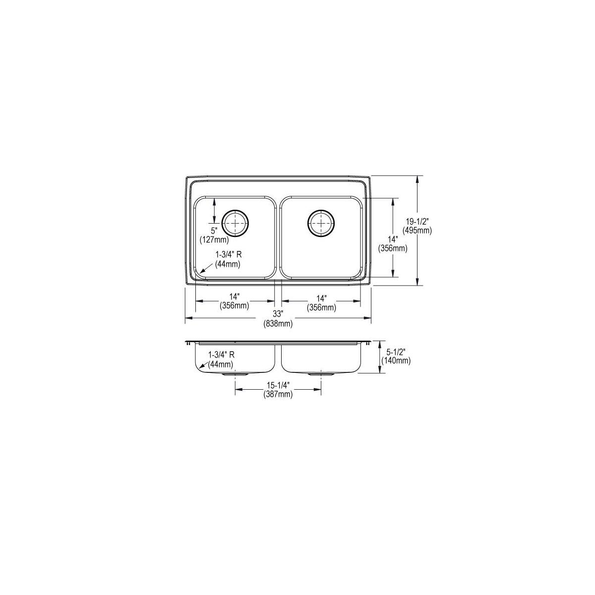 Stainless steel double bowl drop-in sink with equal-sized basins and detailed dimension specifications shown in top and side 