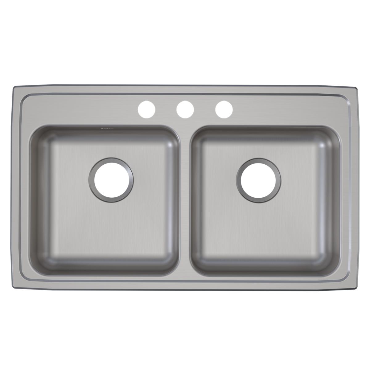 Stainless steel drop-in sink with two equal rectangular bowls and three holes across the top rim.