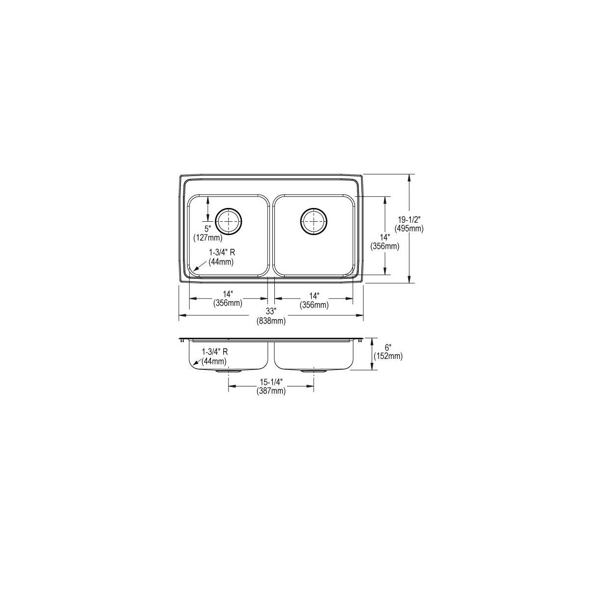 Elkay Lustertone Classic Stainless Steel 33" x 19-1/2" x 6", 3-Hole Equal Double Bowl Drop-in ADA Sink