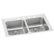 Stainless steel drop-in sink with two bowls, white rim, drain baskets, and four faucet holes across top.
