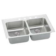 Stainless steel double drop-in sink with two equal rectangular basins, drain strainers, and faucet holes along white rim.