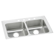 Stainless steel double bowl drop-in sink with white rim and four faucet holes along the top edge.
