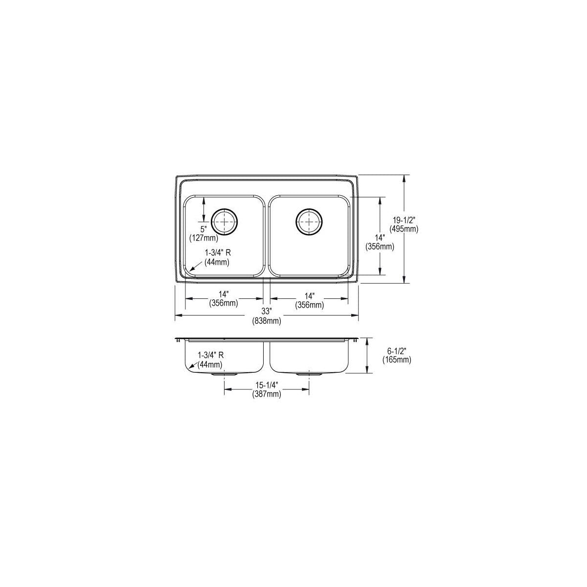Elkay Lustertone Classic Stainless Steel 33" x 19-1/2" x 6-1/2" 4-Hole Equal Double Bowl Drop-in ADA Sink