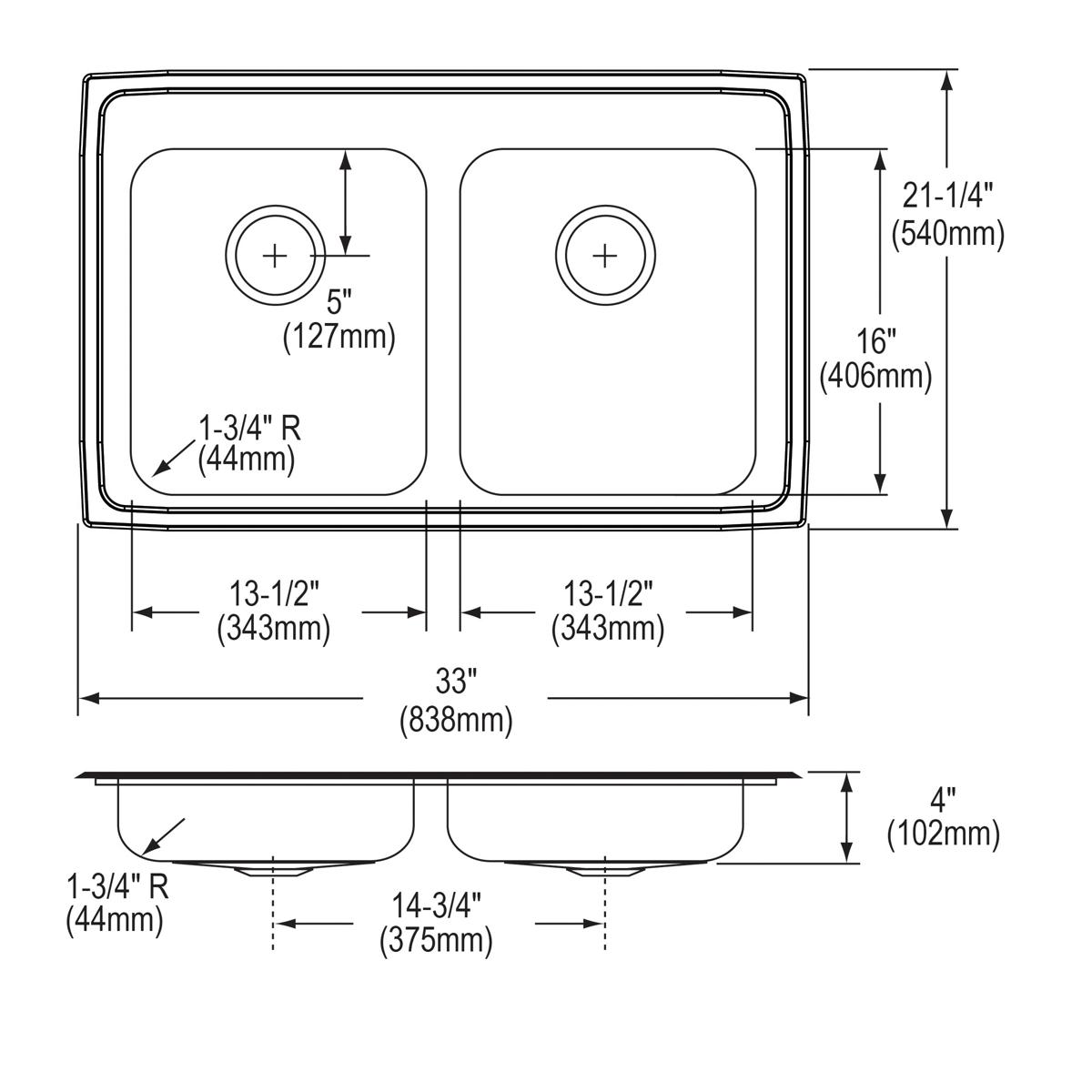 Top and side view technical drawings of a stainless steel double bowl drop-in sink with dimensions and drain hole specificati