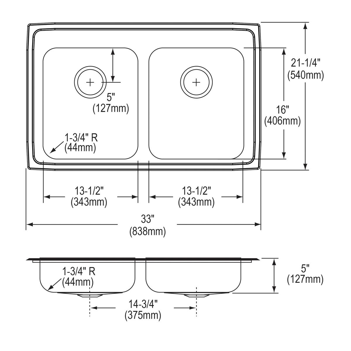 Stainless steel double bowl drop-in sink with two equal basins and three mounting holes, shown in top and side view with dime
