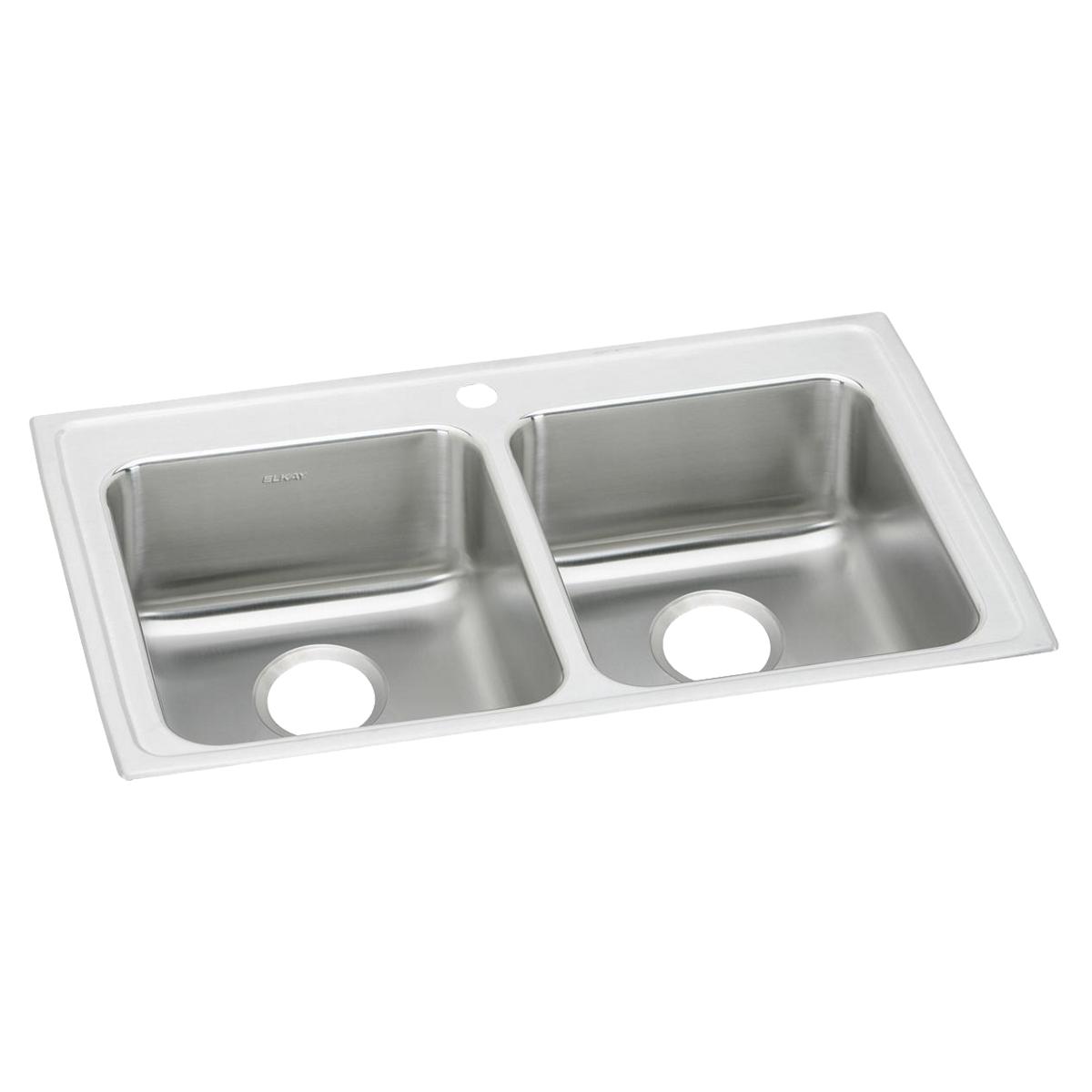 Stainless steel double bowl drop-in sink with white rim and single faucet hole, viewed from above at an angle.