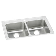 Stainless steel double bowl drop-in sink with white rim and single faucet hole, viewed from above at an angle.