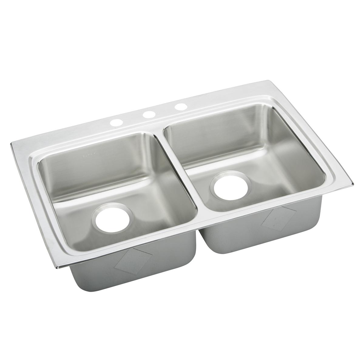 Stainless steel double bowl drop-in sink with two equal-sized basins and single faucet hole.