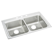 Stainless steel double bowl drop-in sink with three faucet holes and equal-sized basins.