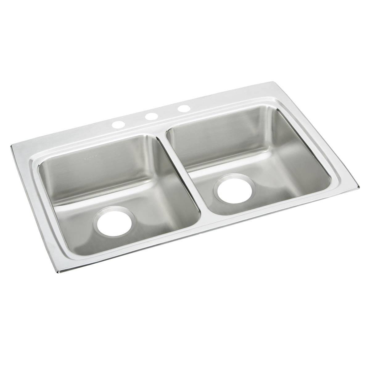 Stainless steel drop-in sink with two equal bowls and three faucet holes on the rim.