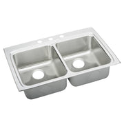Stainless steel drop-in double bowl sink with equal-sized basins and drain holes visible on rim.