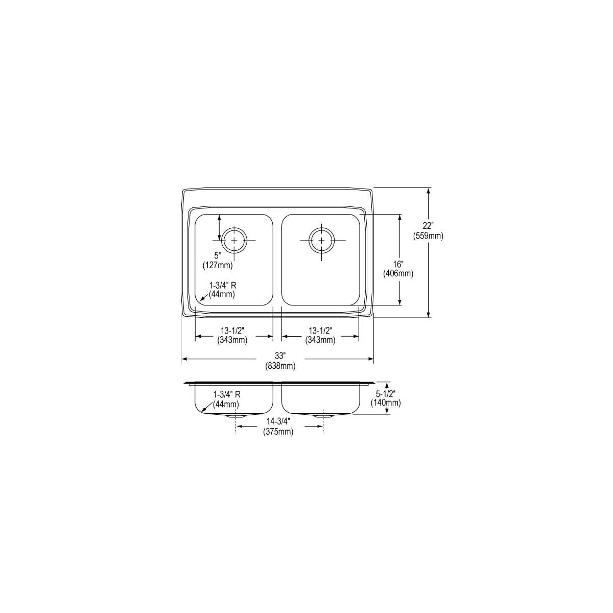 Stainless steel double bowl drop-in sink with three pre-drilled holes, shown in top and side view with dimensions.