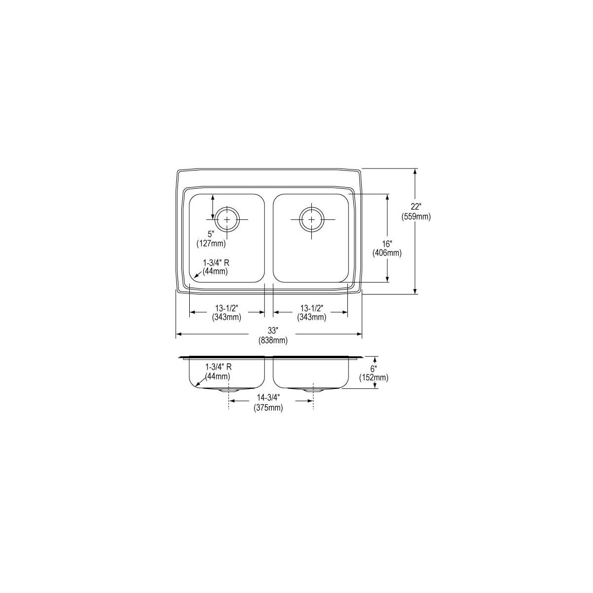 Stainless steel double bowl sink with 3-hole configuration and rounded corners, shown in top and side technical views.