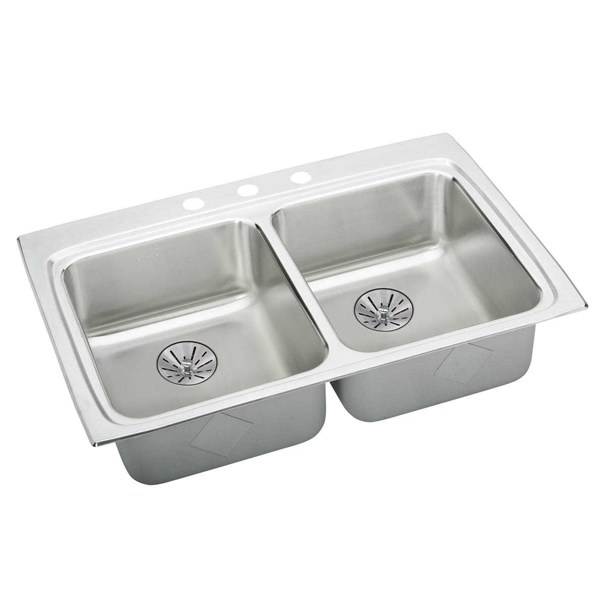 Stainless steel double bowl drop-in sink with two equal-sized basins, drain strainers, and faucet holes along the rim.