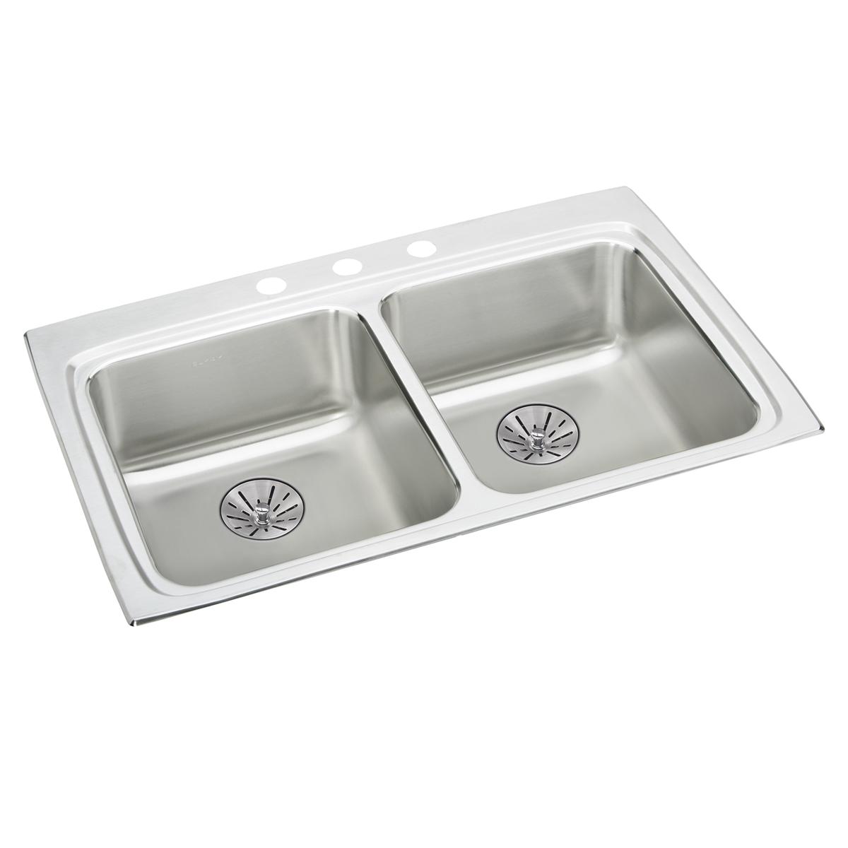 Stainless steel drop-in double bowl sink with two equal basins, drain strainers, and faucet hole at top.