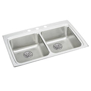 Stainless steel double bowl drop-in sink with two equal basins, drain strainers, and faucet holes along the rim.