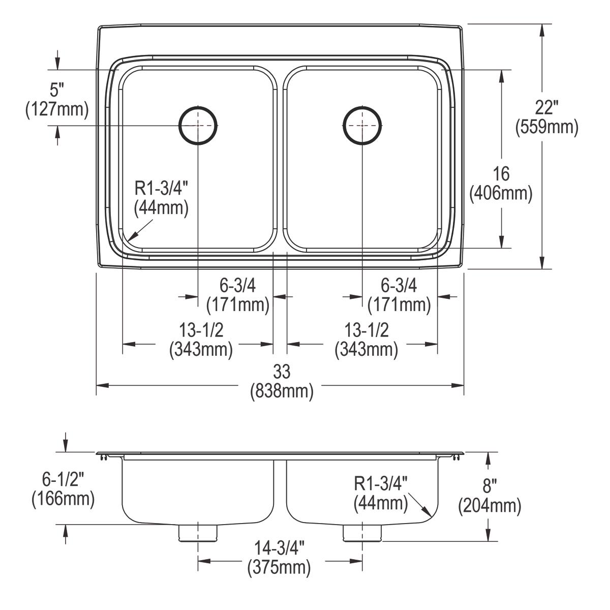 Stainless steel drop-in sink with two equal rectangular bowls, rounded corners, and two pre-drilled holes for faucet installa