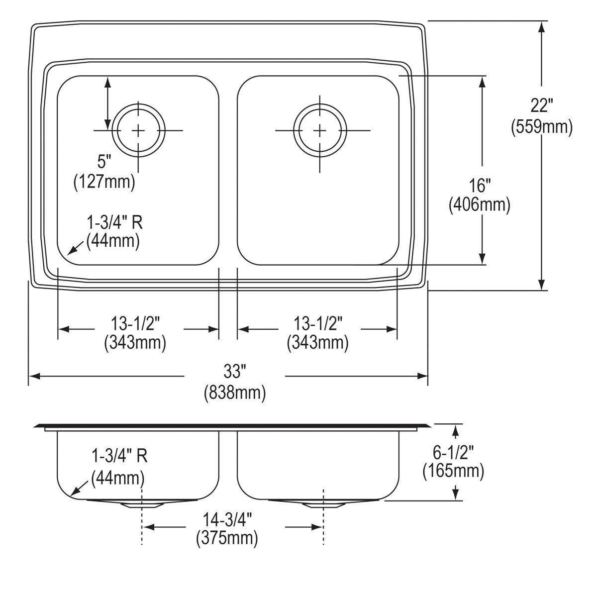 Stainless steel drop-in sink with two equal rectangular bowls and dimension specifications for installation.