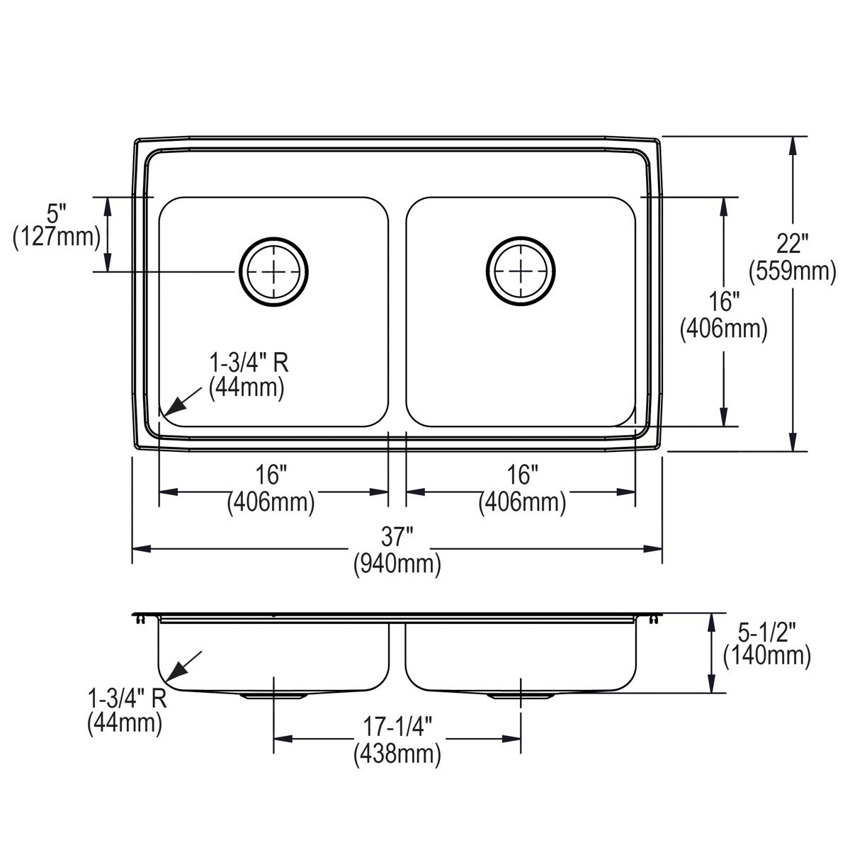 Stainless steel double bowl drop-in sink with two equal compartments, faucet holes, and rounded corners, shown in top and sid