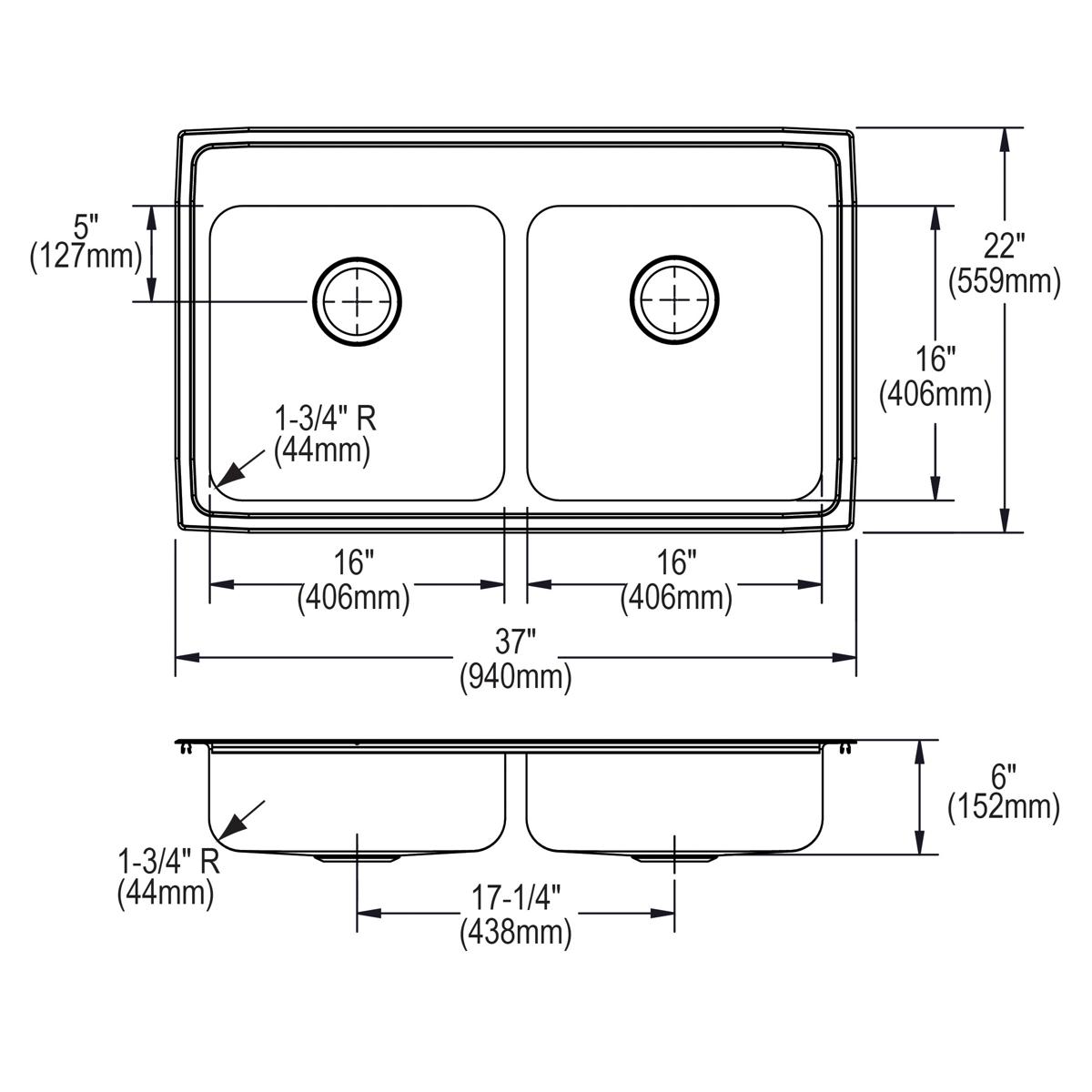 Stainless steel double bowl drop-in sink with two equal basins and two faucet holes, shown in top and side views with dimensi