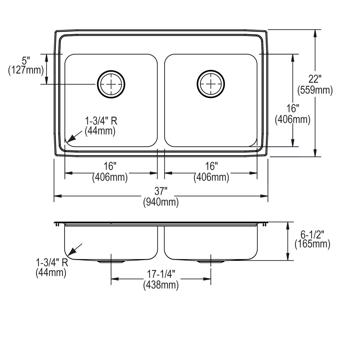 Technical drawing of stainless steel double bowl drop-in sink with four mounting holes and rounded corners, shown in top and 