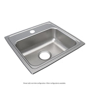 Stainless steel drop-in sink with single bowl and one faucet hole on rim, shown from above angled view.
