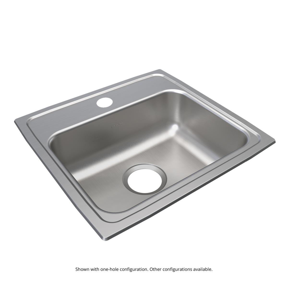 Stainless steel drop-in sink with single bowl and one pre-drilled hole on the rim.