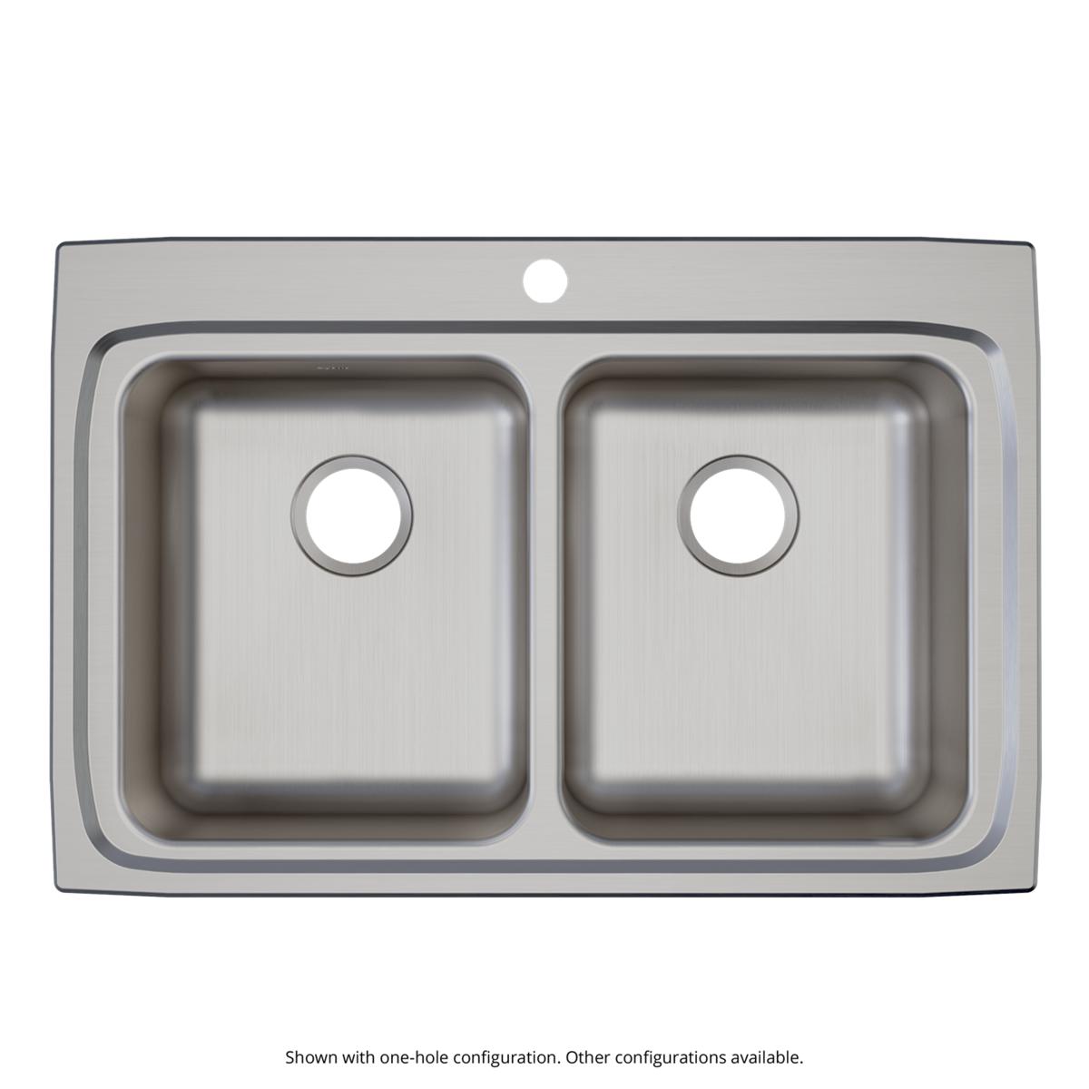 Stainless steel drop-in sink with two equal rectangular bowls and single faucet hole in brushed finish.