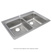 Stainless steel double bowl drop-in sink with two drain holes and brushed finish surface.