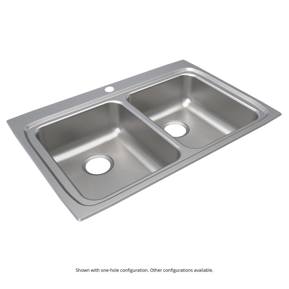 Stainless steel drop-in double bowl sink with one faucet hole and rounded corners.