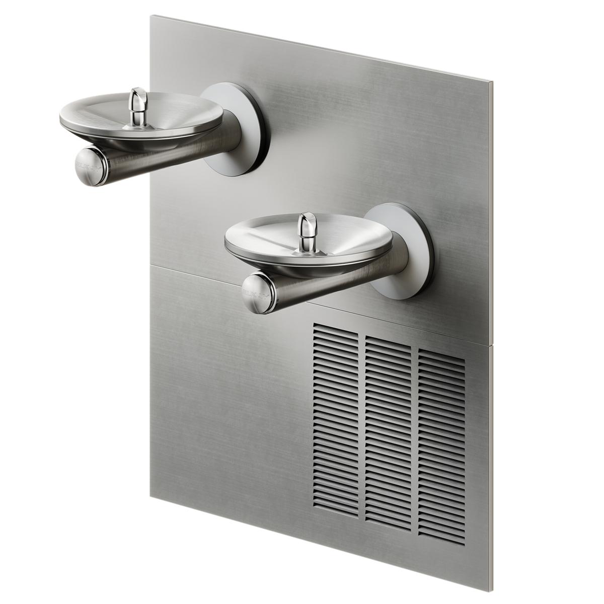 Stainless steel wall-mounted water fountain with two bubblers at different heights and cooling unit vents below.