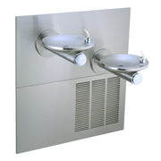 Stainless steel wall-mounted water fountain with two bowl-shaped drinking stations at different heights and refrigeration uni