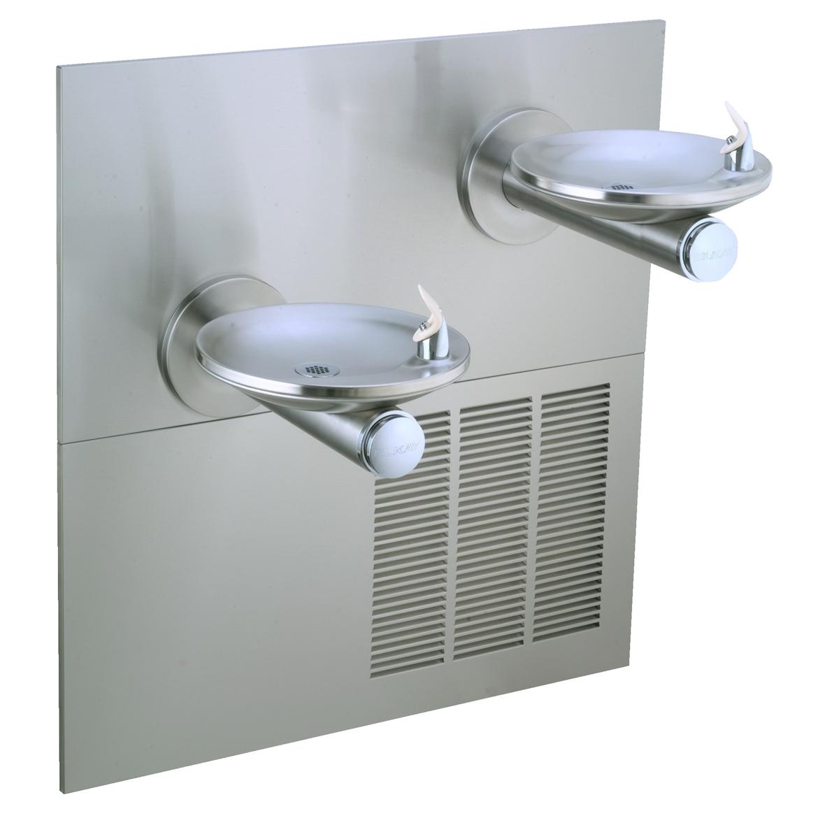 Stainless steel wall-mounted bi-level drinking fountain with two bowls, refrigeration unit, and control valves.