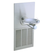 Stainless steel wall-mounted water fountain with round drinking basin, curved spout, and ventilation grille below.